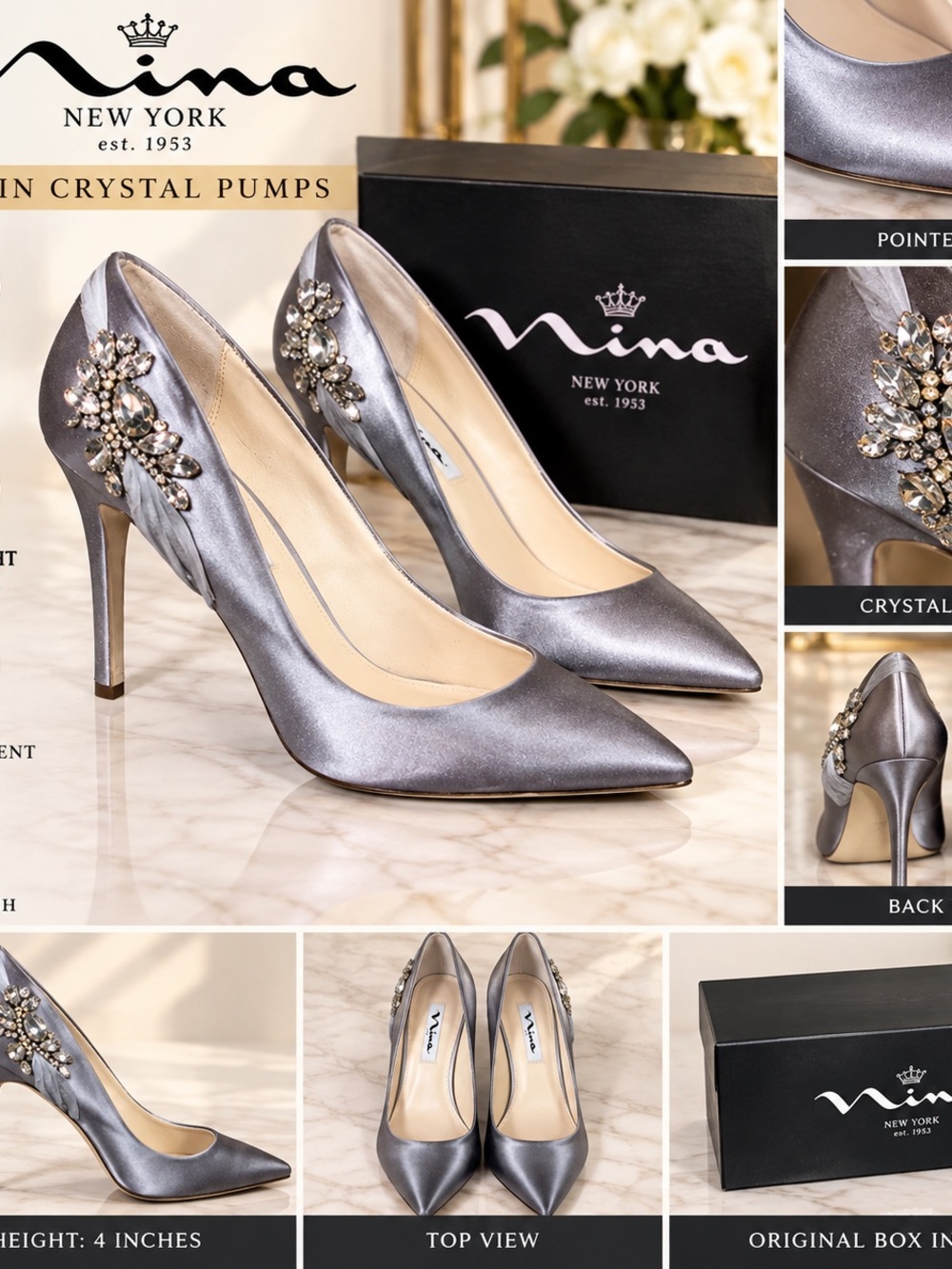 Nina Rhonae Iridescent Gray Satin Pointed-Toe Pumps Heels with Crystal Appliqué